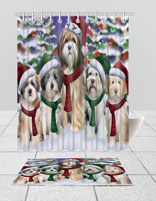 Tibetan Terrier Dogs Christmas Family Portrait in Holiday Scenic Background  Bath Mat and Shower Curtain Combo