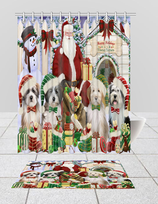 Happy Holidays Christmas Tibetan Terrier Dogs House Gathering Bath Mat and Shower Curtain Combo