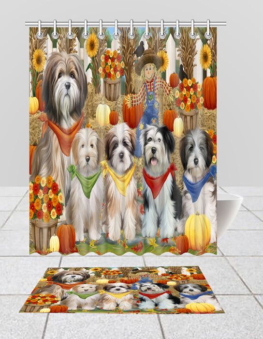 Fall Festive Harvest Time Gathering Tibetan Terrier Dogs Bath Mat and Shower Curtain Combo