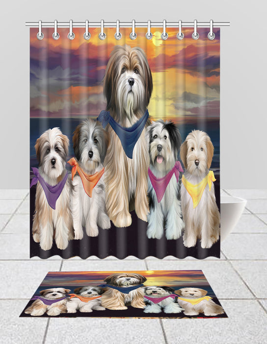 Family Sunset Portrait Tibetan Terrier Dogs Bath Mat and Shower Curtain Combo