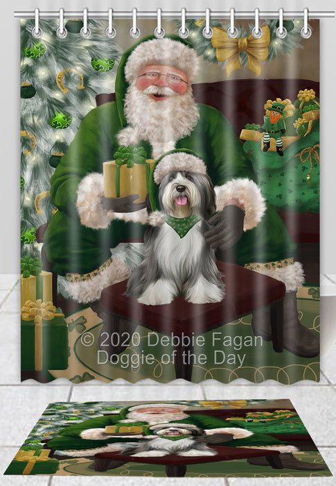 Christmas Irish Santa with Gift Tibetan Terrier Dog Bath Mat and Shower Curtain Combo