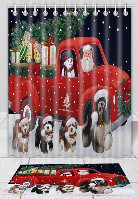 Christmas Express Delivery Red Truck Running Tibetan Terrier Dogs Bath Mat and Shower Curtain Combo