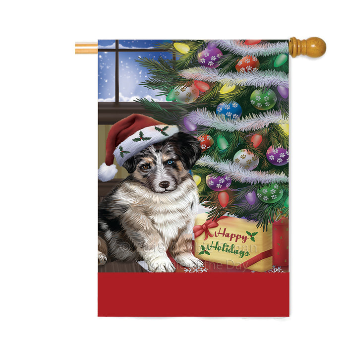 Personalized Christmas Happy Holidays Australian Shepherd Dog with Tree and Presents Custom House Flag FLG-DOTD-A58730