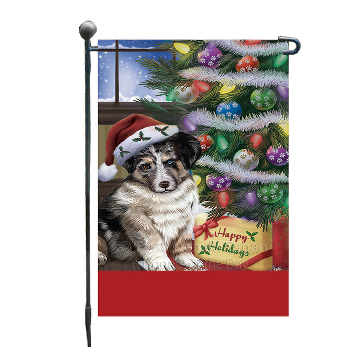 Personalized Christmas Happy Holidays Australian Shepherd Dog with Tree and Presents Custom Garden Flags GFLG-DOTD-A58674
