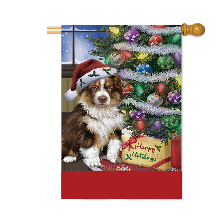 Personalized Christmas Happy Holidays Australian Shepherd Dog with Tree and Presents Custom House Flag FLG-DOTD-A58731
