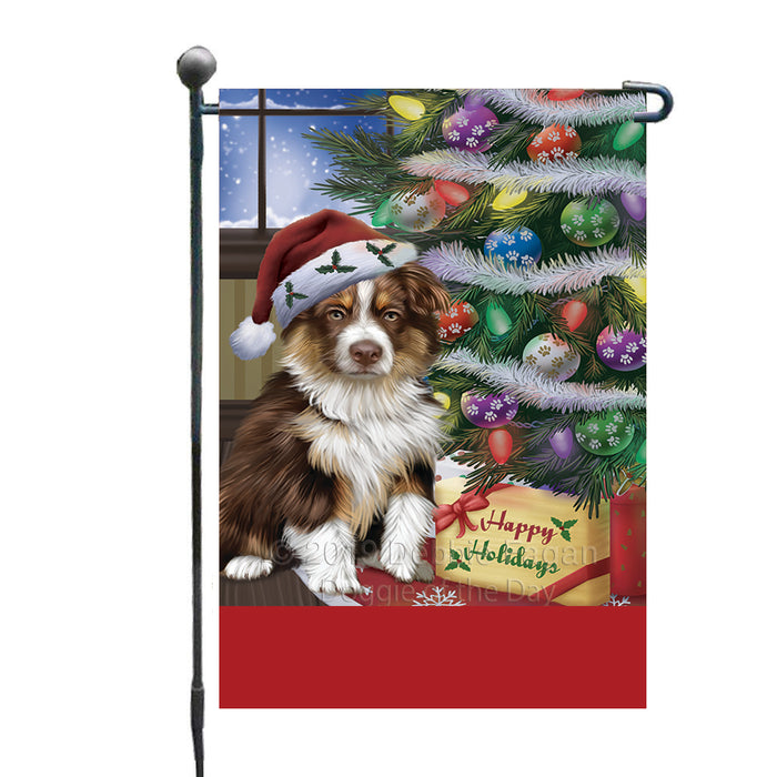 Personalized Christmas Happy Holidays Australian Shepherd Dog with Tree and Presents Custom Garden Flags GFLG-DOTD-A58675
