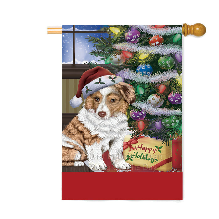Personalized Christmas Happy Holidays Australian Shepherd Dog with Tree and Presents Custom House Flag FLG-DOTD-A58732