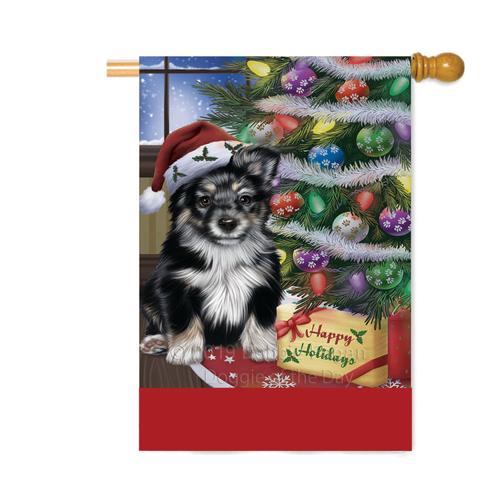 Personalized Christmas Happy Holidays Australian Shepherd Dog with Tree and Presents Custom House Flag FLG-DOTD-A58733
