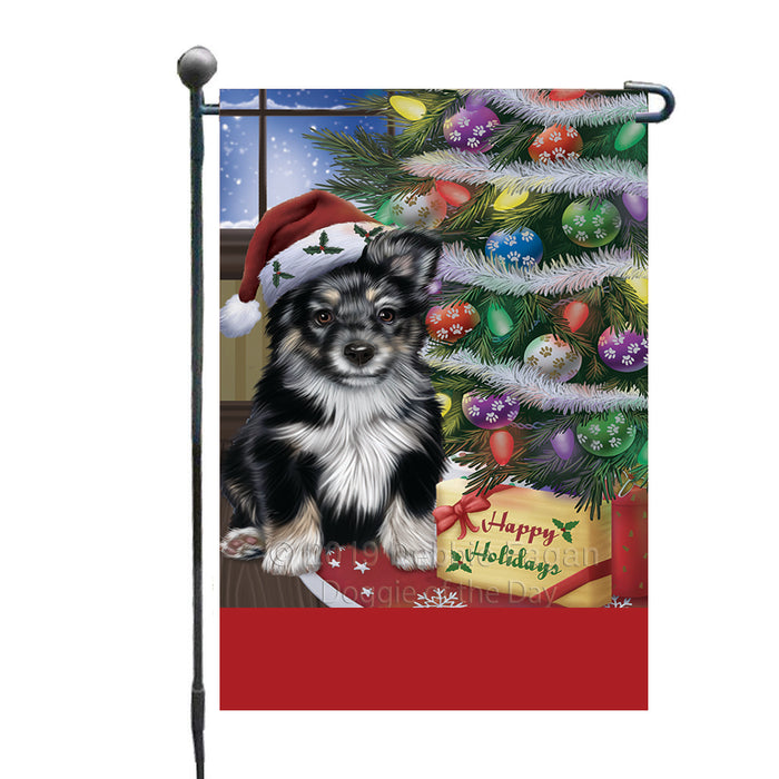 Personalized Christmas Happy Holidays Australian Shepherd Dog with Tree and Presents Custom Garden Flags GFLG-DOTD-A58677
