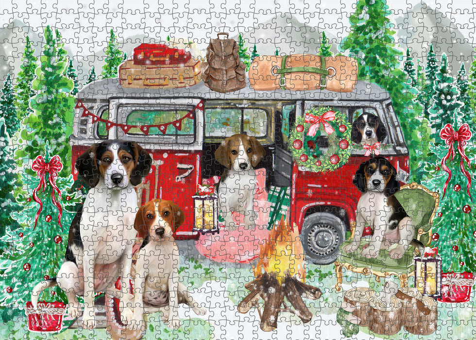 Christmas Time Camping with Treeing Walker Coonhound Dogs Portrait Jigsaw Puzzle for Adults Animal Interlocking Puzzle Game Unique Gift for Dog Lover's with Metal Tin Box