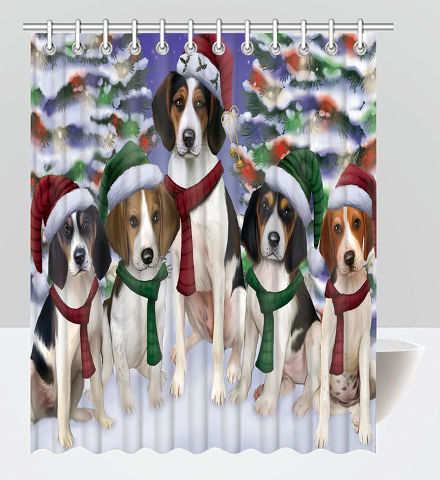 Treeing Walker Coonhound Dogs Christmas Family Portrait in Holiday Scenic Background Shower Curtain