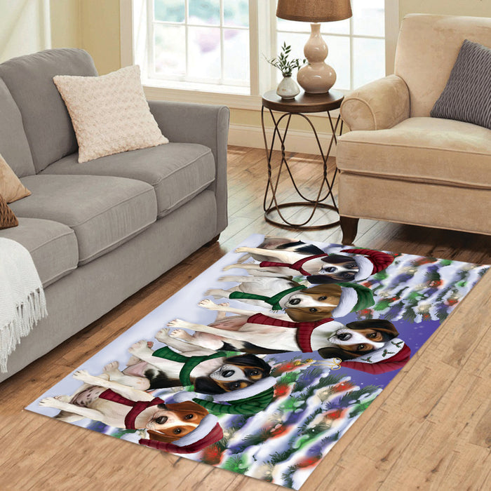 Treeing Walker Coonhound Dogs Christmas Family Portrait in Holiday Scenic Background Area Rug