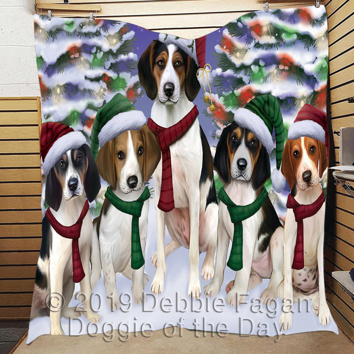 Treeing Walker Coonhound Dogs Christmas Family Portrait in Holiday Scenic Background Quilt