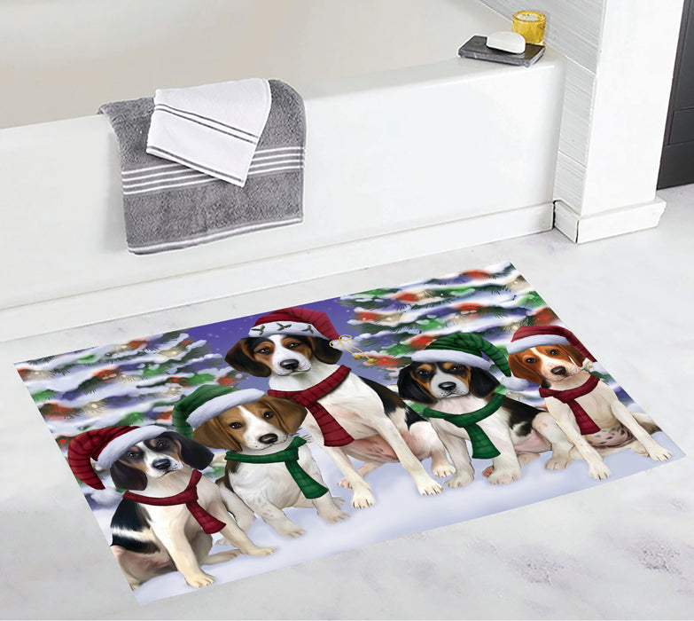 Treeing Walker Coonhound Dogs Christmas Family Portrait in Holiday Scenic Background Bath Mat