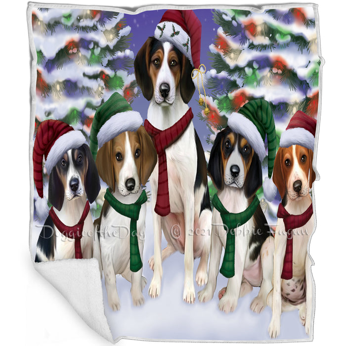 Treeing Walker Coonhound Dog Christmas Family Portrait in Holiday Scenic Background Art Portrait Print Woven Throw Sherpa Plush Fleece Blanket