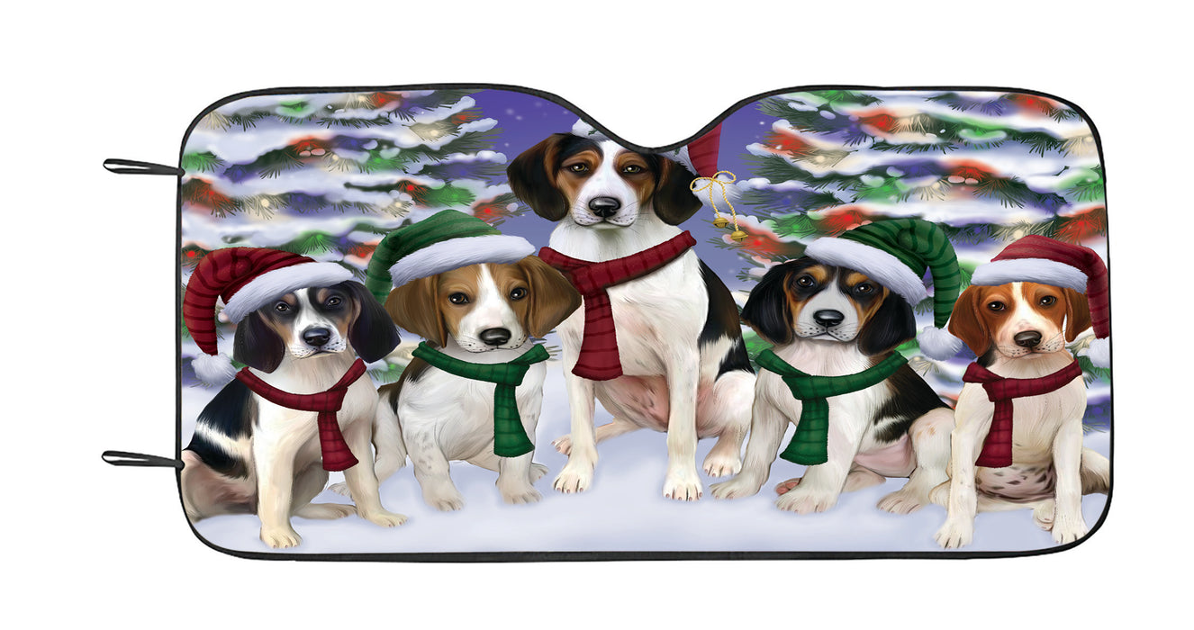 Treeing Walker Coonhound Dogs Christmas Family Portrait in Holiday Scenic Background Car Sun Shade