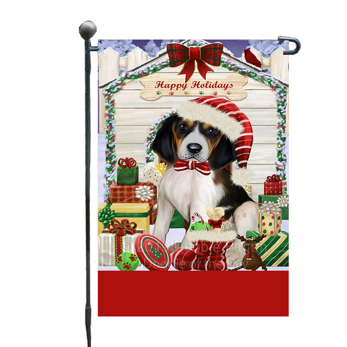 Personalized Happy Holidays Christmas Treeing Walker Coonhound Dog House with Presents Custom Garden Flags GFLG-DOTD-A59388
