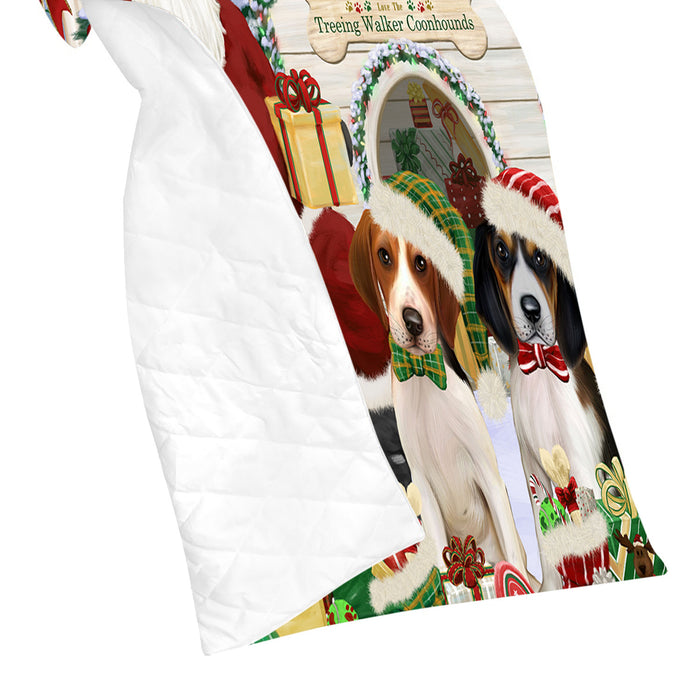 Happy Holidays Christmas Treeing Walker Coonhound Dogs House Gathering Quilt