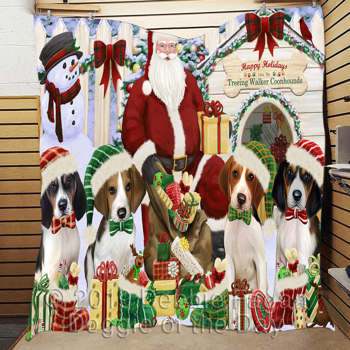 Happy Holidays Christmas Treeing Walker Coonhound Dogs House Gathering Quilt
