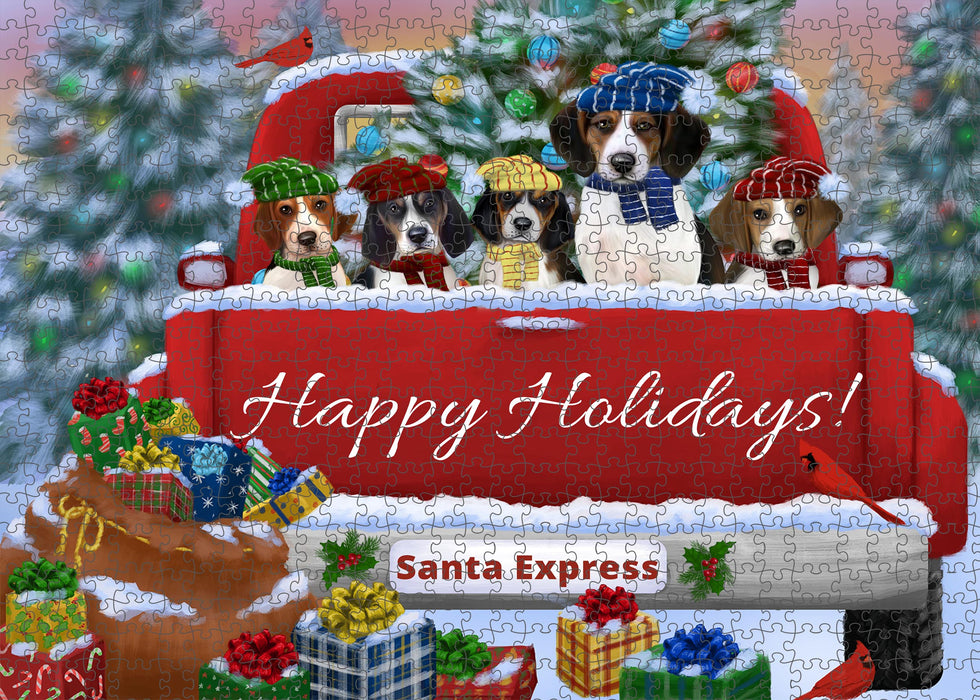 Christmas Red Truck Travlin Home for the Holidays Treeing Walker Coonhound Dogs Portrait Jigsaw Puzzle for Adults Animal Interlocking Puzzle Game Unique Gift for Dog Lover's with Metal Tin Box