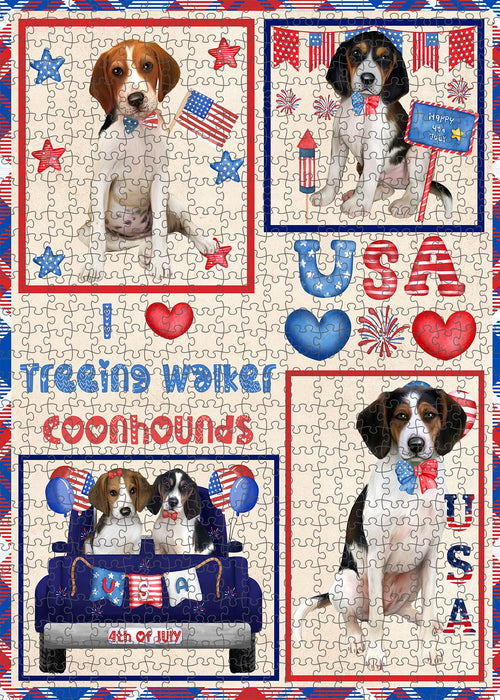 4th of July Independence Day I Love USA Treeing Walker Coonhound Dogs Portrait Jigsaw Puzzle for Adults Animal Interlocking Puzzle Game Unique Gift for Dog Lover's with Metal Tin Box