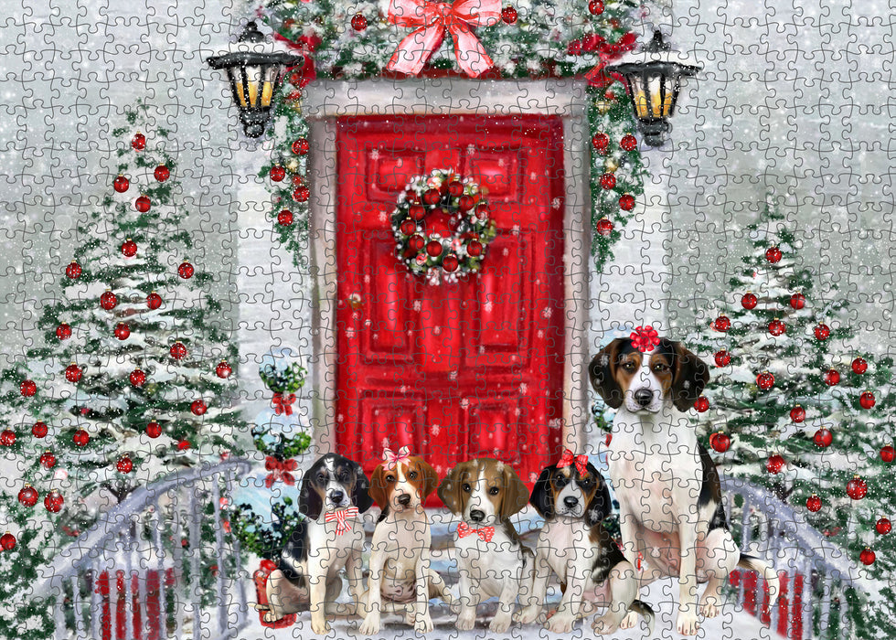 Christmas Holiday Welcome Treeing Walker Coonhound Dogs Portrait Jigsaw Puzzle for Adults Animal Interlocking Puzzle Game Unique Gift for Dog Lover's with Metal Tin Box