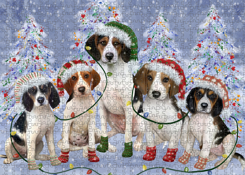 Christmas Lights and Treeing Walker Coonhound Dogs Portrait Jigsaw Puzzle for Adults Animal Interlocking Puzzle Game Unique Gift for Dog Lover's with Metal Tin Box