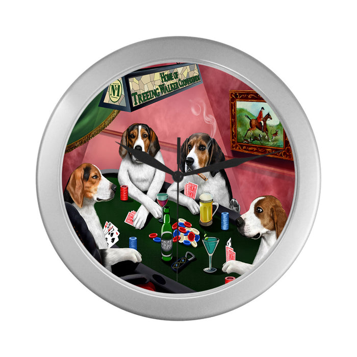 Home of Treeing Walker Coonhound Dogs Playing Poker Silver Wall Clocks