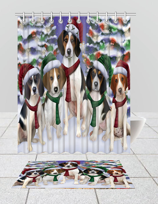 Treeing Walker Coonhound Dogs Christmas Family Portrait in Holiday Scenic Background  Bath Mat and Shower Curtain Combo