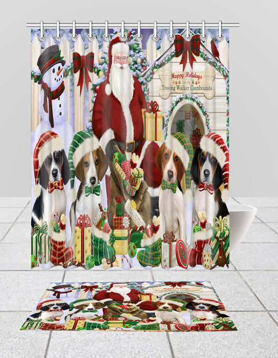 Happy Holidays Christmas Treeing Walker Coonhound Dogs House Gathering Bath Mat and Shower Curtain Combo