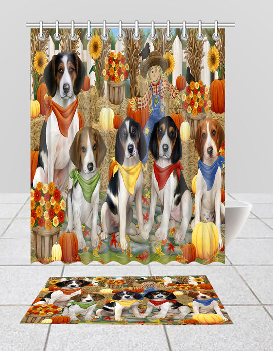Fall Festive Harvest Time Gathering Treeing Walker Coonhound Dogs Bath Mat and Shower Curtain Combo