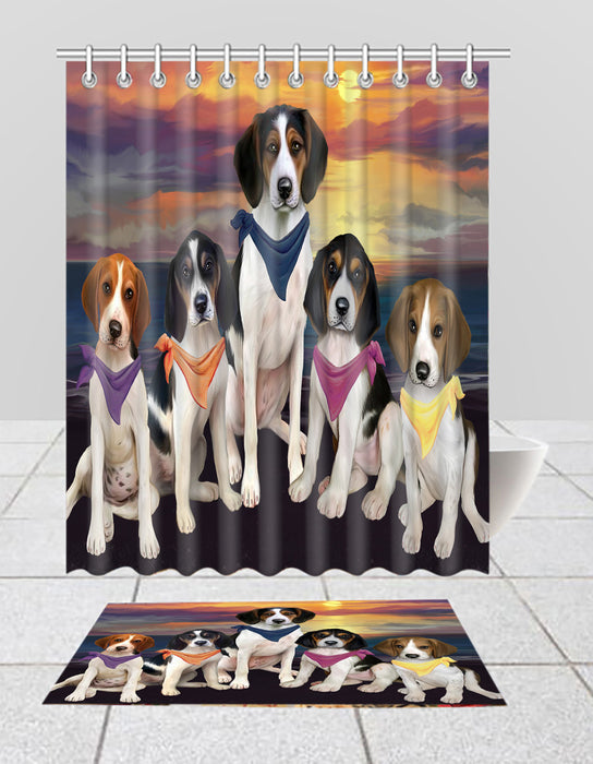 Family Sunset Portrait Treeing Walker Coonhound Dogs Bath Mat and Shower Curtain Combo