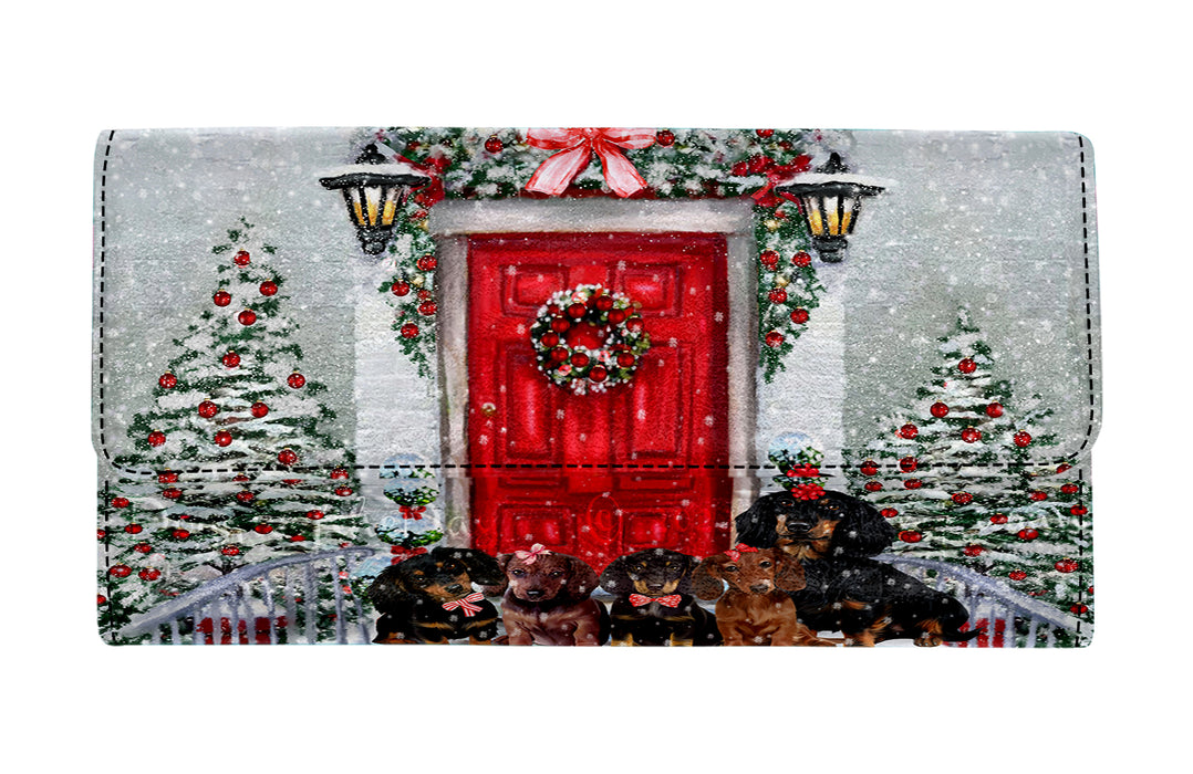 Christmas Holiday Welcome Red Door Dachshund Dog on Women's Trifold Wallet
