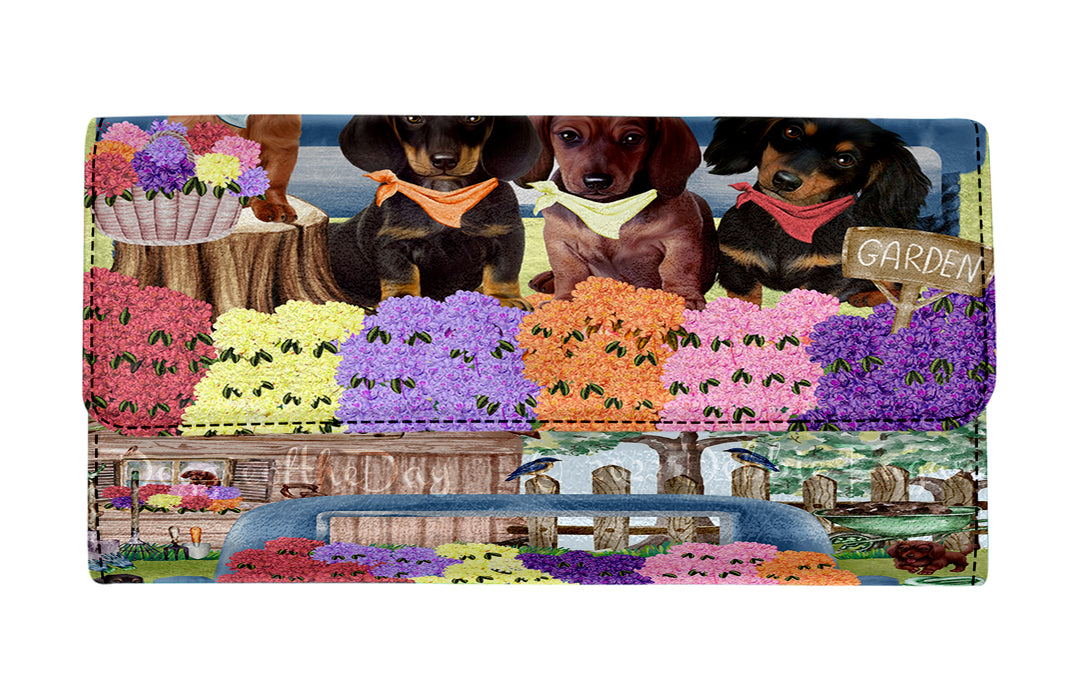 Rhododendron Home Sweet Home Garden Blue Truck Dachshund Dog on Women's Trifold Wallet