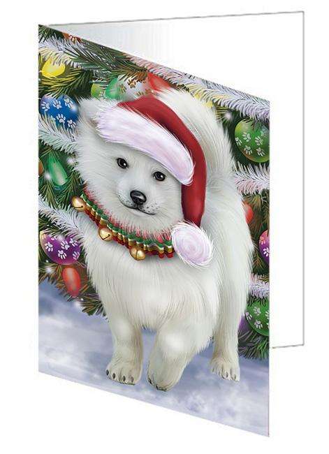 Trotting in the Snow American Eskimo Dog Handmade Artwork Assorted Pets Greeting Cards and Note Cards with Envelopes for All Occasions and Holiday Seasons GCD68084