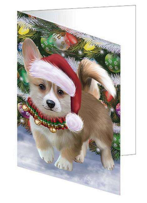 Trotting in the Snow Corgi Dog Handmade Artwork Assorted Pets Greeting Cards and Note Cards with Envelopes for All Occasions and Holiday Seasons GCD68111