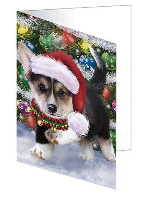 Trotting in the Snow Corgi Dog Handmade Artwork Assorted Pets Greeting Cards and Note Cards with Envelopes for All Occasions and Holiday Seasons GCD68114