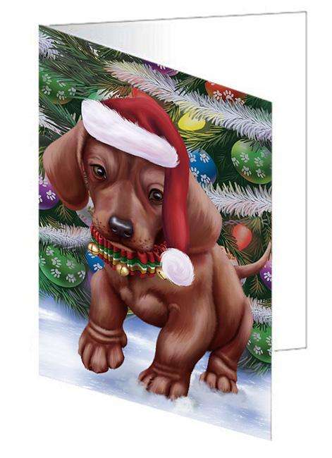 Trotting in the Snow Dachshund Dog Handmade Artwork Assorted Pets Greeting Cards and Note Cards with Envelopes for All Occasions and Holiday Seasons GCD68117