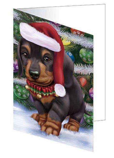 Trotting in the Snow Dachshund Dog Handmade Artwork Assorted Pets Greeting Cards and Note Cards with Envelopes for All Occasions and Holiday Seasons GCD68123