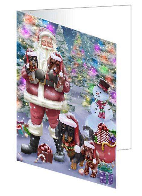 Trotting in the Snow Dachshund Dog Handmade Artwork Assorted Pets Greeting Cards and Note Cards with Envelopes for All Occasions and Holiday Seasons GCD68129