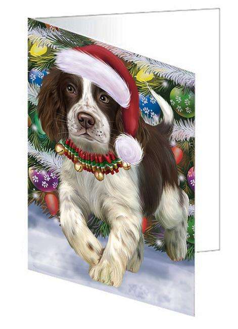 Trotting in the Snow English Springer Spaniel Dog Handmade Artwork Assorted Pets Greeting Cards and Note Cards with Envelopes for All Occasions and Holiday Seasons GCD68141