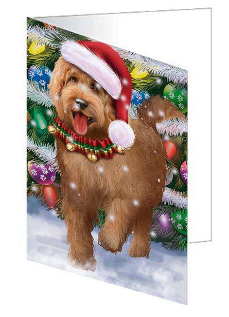 Trotting in the Snow Goldendoodle Dog Handmade Artwork Assorted Pets Greeting Cards and Note Cards with Envelopes for All Occasions and Holiday Seasons GCD68156