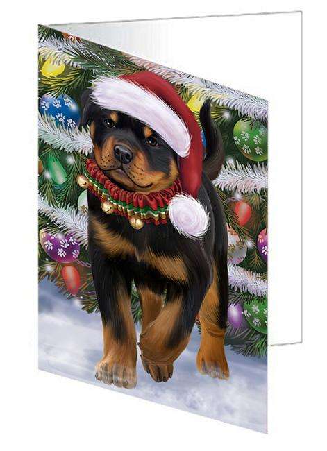 Trotting in the Snow Rottweiler Dog Handmade Artwork Assorted Pets Greeting Cards and Note Cards with Envelopes for All Occasions and Holiday Seasons GCD68180