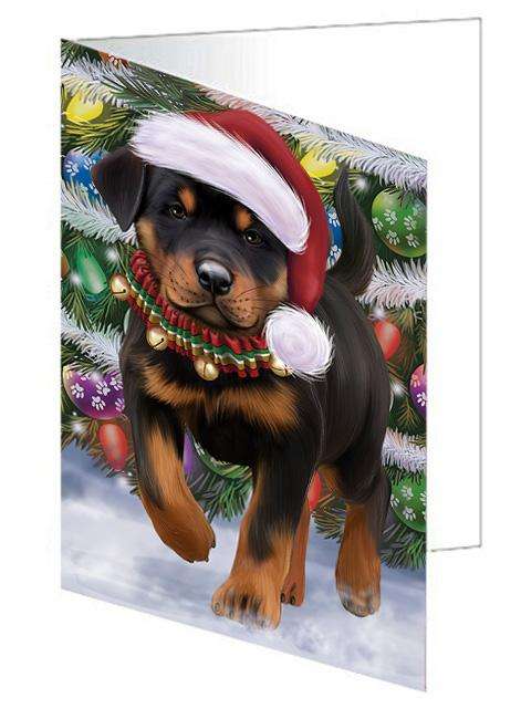 Trotting in the Snow Rottweiler Dog Handmade Artwork Assorted Pets Greeting Cards and Note Cards with Envelopes for All Occasions and Holiday Seasons GCD68186
