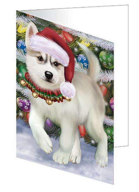 Trotting in the Snow Siberian Husky Dog Handmade Artwork Assorted Pets Greeting Cards and Note Cards with Envelopes for All Occasions and Holiday Seasons GCD68207