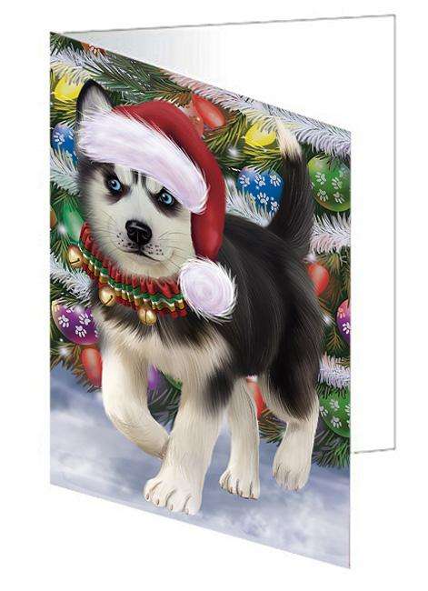 Trotting in the Snow Siberian Husky Dog Handmade Artwork Assorted Pets Greeting Cards and Note Cards with Envelopes for All Occasions and Holiday Seasons GCD68213