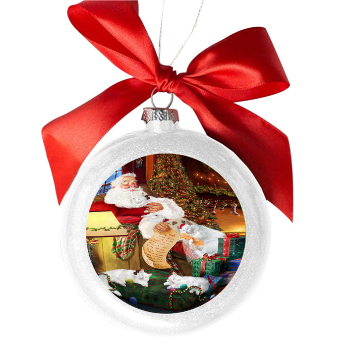Turkish Angora Cats and Kittens Sleeping with Santa White Round Ball Christmas Ornament WBSOR49326