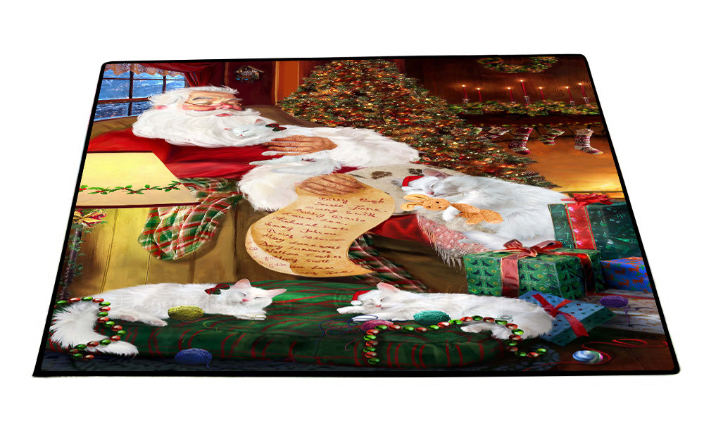 Santa Sleeping with Turkish Angora Cats Floor Mat- Anti-Slip Pet Door Mat Indoor Outdoor Front Rug Mats for Home Outside Entrance Pets Portrait Unique Rug Washable Premium Quality Mat