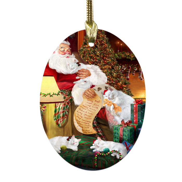 Turkish Angora Cats and Kittens Sleeping with Santa Oval Glass Christmas Ornament OGOR49326