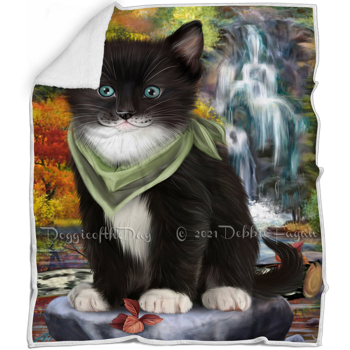 Scenic Waterfall Tuxedo Cat Blanket BLNKT84531